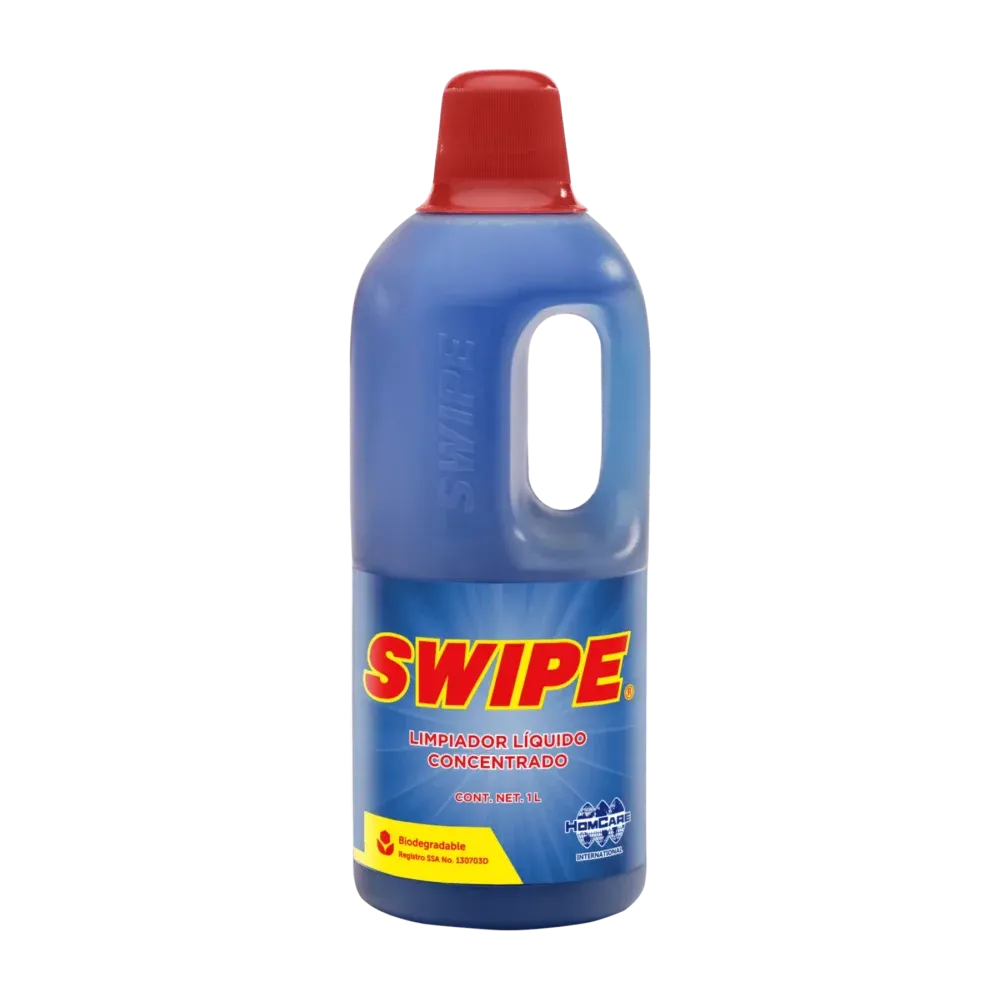 Botella de 1 litro de líquido desengrasante Swipe, ideal para limpiar pisos, muebles y superficies variadas.