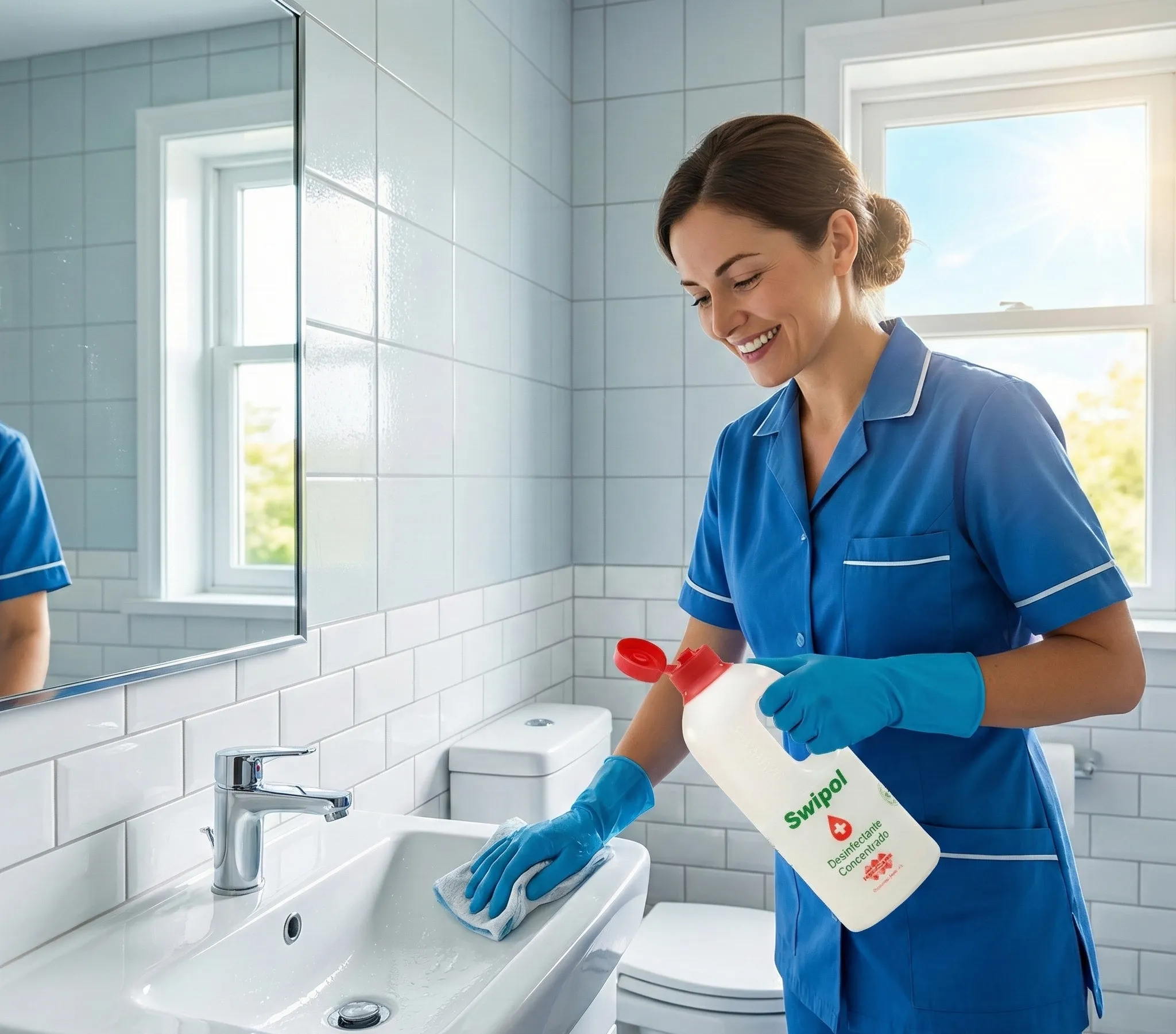 Mujer desinfectando un baño con producto Swipol, aplicando desinfectante industrial para asegurar una higiene completa.