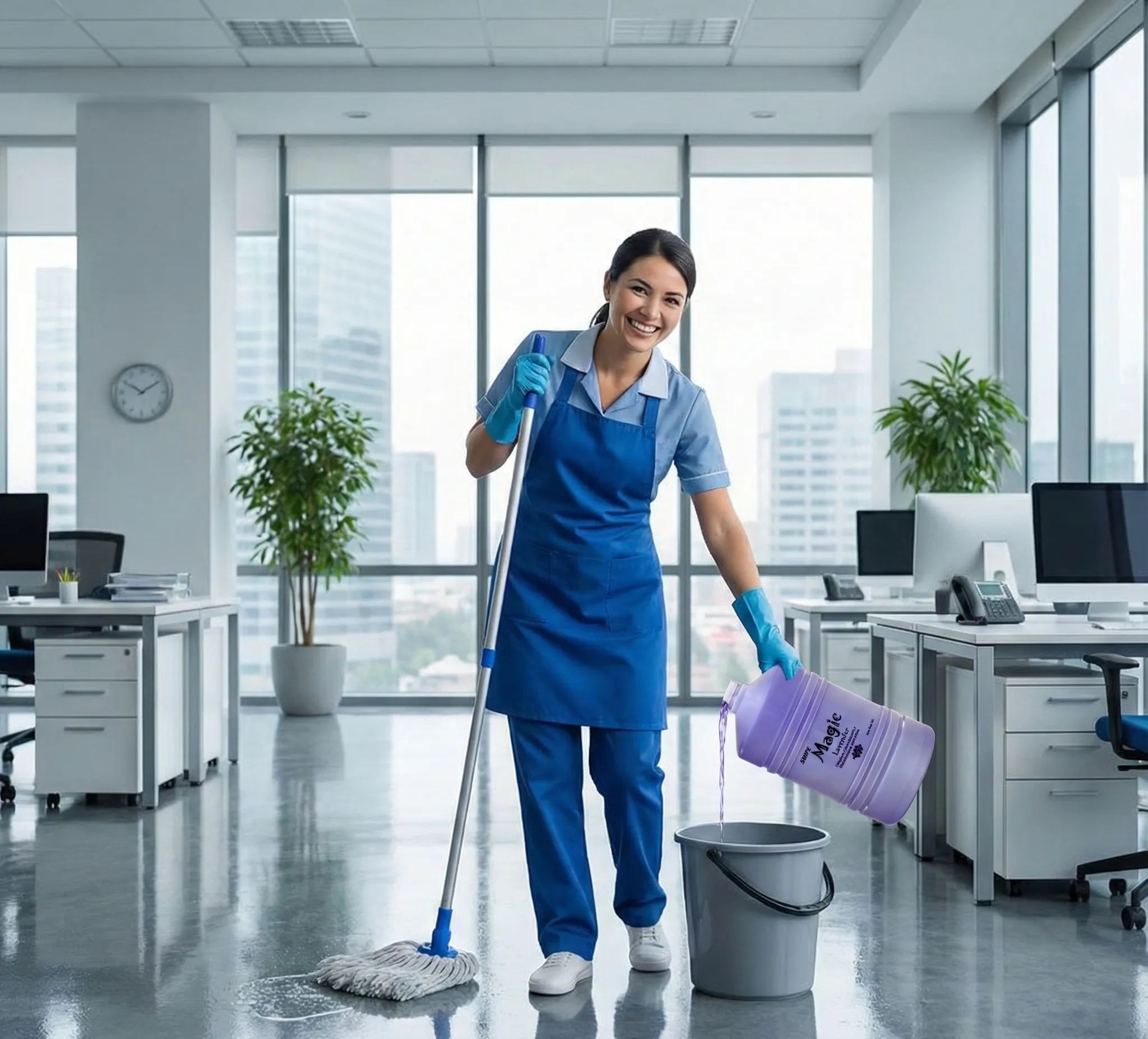 Mujer limpiando una oficina utilizando desinfectante industrial para mantener los escritorios y superficies libres de bacterias.