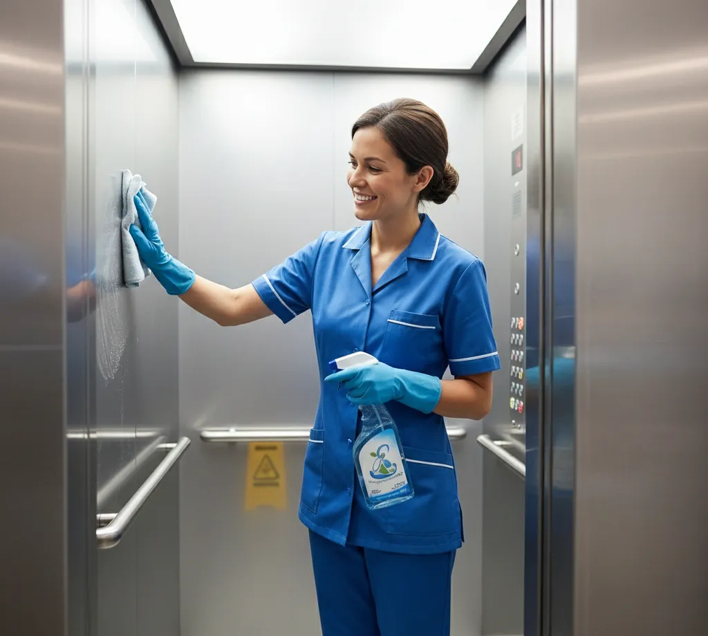 Mujer limpiando un elevador aplicando desinfectante industrial para garantizar sanitización en áreas de alto contacto.