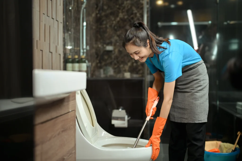 Personal de housekeeping ejecutando limpieza en hoteles en taza de baño, aplicando desinfectante en áreas críticas.